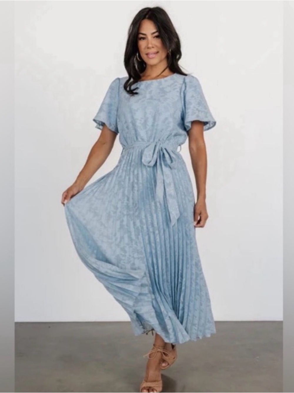 Baltic Born Light Blue Pleated Maxi Dress with Waist Tie